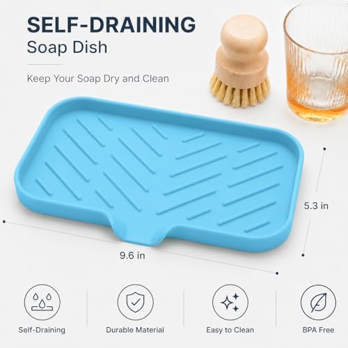 MicoYang Silicone Soap Dish with Drain Spout — Self-Draining Sink Organizer Tray for Bathroom & Kitchen, Sponges, Dispensers & Soap Holder, Non-Slip & Dishwasher Safe, Light Blue (Medium, 9.6"×5.3") - Image 2