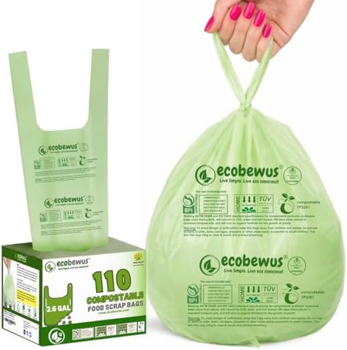 2.6 Gallon Certified Compostable Handle-Tie Bags (110 Bags), 9.84 L Small Food Scrap Bags, BPI Certified Compostable, TÜV OK Compost HOME Certified, Meets ASTM D6400 (110 ct.) by ecobewus