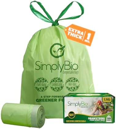 Simply Bio 3 Gallon Compostable Trash Bags Liners Drawstring, Heavy Duty Extra Thick 1 Mil, 11.36 Liter, 50 Bags, Small Kitchen Food Scrap Waste Bag, ASTM D6400, US BPI and OK Compost Home Certified by SimplyBio