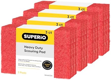 Scouring Pad Non-Scratching Scrubber Non-Scratch Cleaning Scrub Pads Heavy Duty Scouring Pad Reusable Kitchen Scrubbing Pad Pack of 12 Red, by Superio by Superio