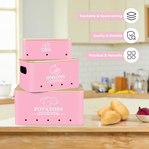 Kitchen Vegetable Storage Set of 3, Metal Onion Garlic Potato Storage Set, Kitchen Canisters Vegetable Keeper Containers with Aerating Holes and Bamboo Lid,Pink - Image 5
