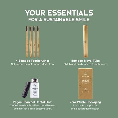 Greenzla Bamboo Toothbrushes, Wooden Toothbrush Set with Soft Bristles, Includes Travel Case and Charcoal Dental Floss, 4 Pack - Image 2