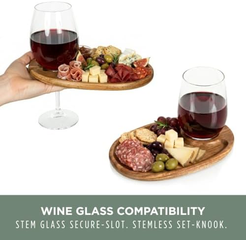 PICNIC TIME Wine Appetizer Plates, Set of 4 Wooden Cocktail Plates with Glass Holder, Mini Charcuterie Boards for Wine and Cheese Parties, Acacia Cheese Board Serving Trays (Oval - Acacia Wood) - Image 5