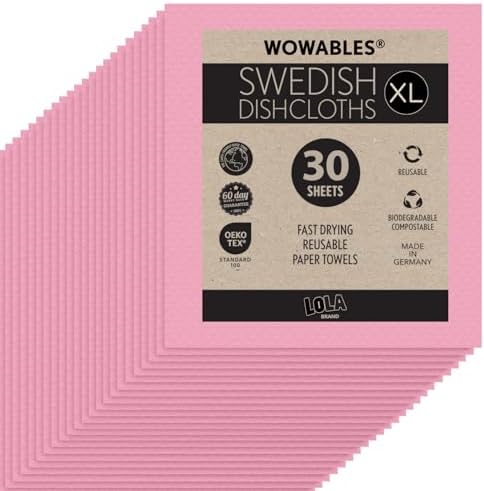 Swedish Dishcloths for Kitchen XL, 30 Sheet Roll, Biodegradable & Compostable, Reusable Paper Towel Cleaning Cloths, 11" x 10", No Odor, Washing Dishes, Ultra Absorbent Cellulose Sponge Towel, By LOLA by LolaProducts