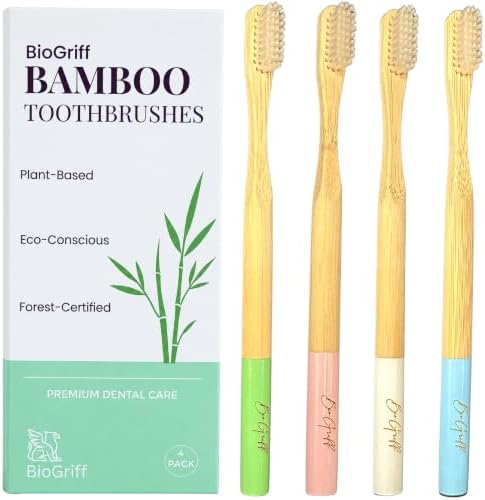 Bamboo Toothbrushes 4 Pack for Adults, Plant Based Bristles Derived from Castor Bean Oil, Soft Medium Bristles, Individually Wrapped Travel Toothbrushes, FSC Certified Packaging by BioGriff
