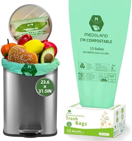 BPI Certified Compostable Trash Bags 13Gallon (30 Count) - 3X Thicker Than Regular, Leak & Tear Resistant for Kitchen/Garden/Food Waste, 90-Day Breakdown in Home/Industrial Use, 0.91mils Plant-Based by MedolandStroe