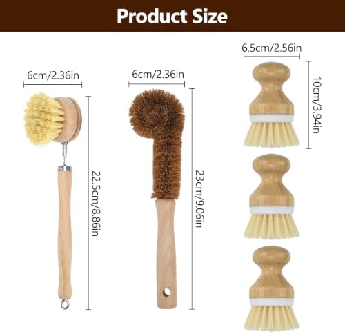 5 Pack Bamboo Dish Brush Set, Natural Kitchen Scrubber & Bottle Brush, Wooden Dish Brush for Cleaning Dishes, Pots, Pans, Bottles, Vegetables, Sinks, Woks - Image 2
