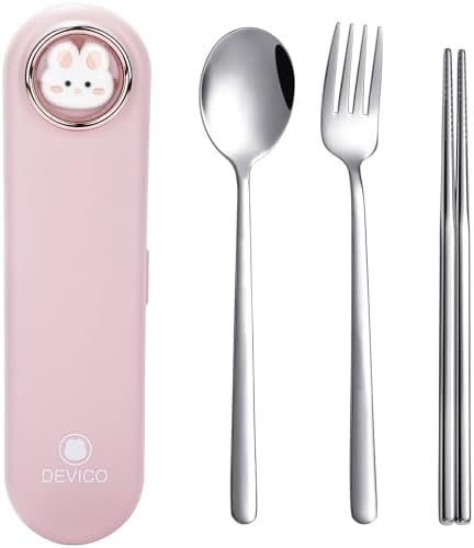 DEVICO Travel Utensils with Case Cute, Reusable Silverware for Lunch, 4Pcs Portable Cutlery Set, 18/8 Stainless Steel Fork Spoon Chopsticks in Cartoon Case, Dishwasher Safe (Pink) by DEVICO