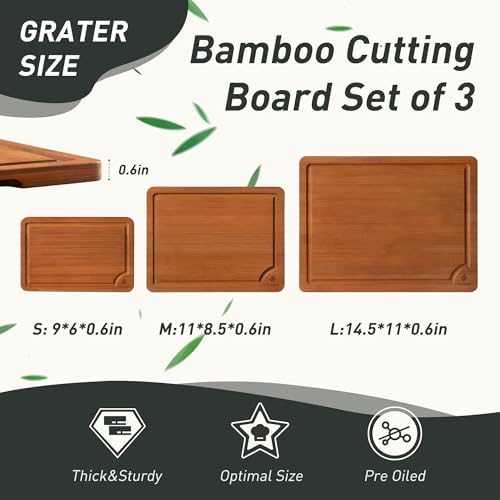 3 Packs Bamboo Cutting Board Set with Non Slip Feet and Over Sink Nice Solid Thick Wood Juice Groove Chopping Board Extra Large Big Small Best Hardwood Counter Organic Vegetable Kitchen Gadgets - Image 2
