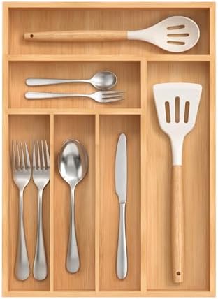 Bamboo Silverware Organizer, Kitchen Drawer Organizer, Utensil Holder, Cutlery Tray & Spoon Flatware Storage with Grooved Drawer Dividers (12''W x 16.5''D) by BEKVEMLIVING