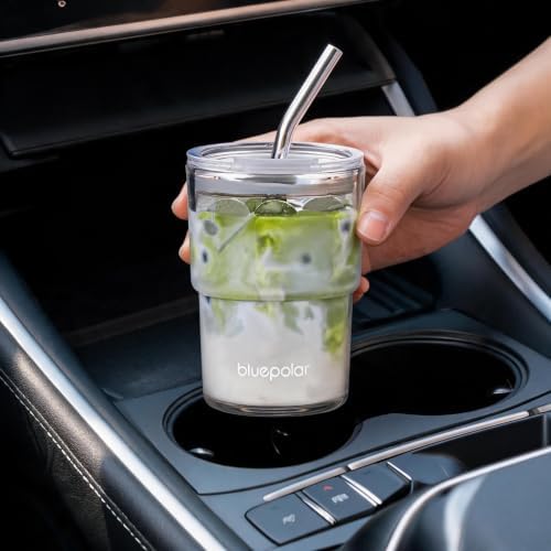 BLUEPOLAR 13oz/400ml Iced Coffee Cups with Lids and Straw，Sealed Carry On Thick Wall Glass Matcha Tumbler for Juice，Water, Late,Tea Fits Car Cup Holders for Office，Gym(Aurora White - Image 4