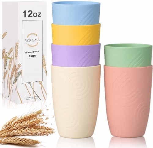 Wrova Wheat Straw Cups Set 6-Piece, 12 OZ Plastic Cups Reusable Drink Cups by WROVA