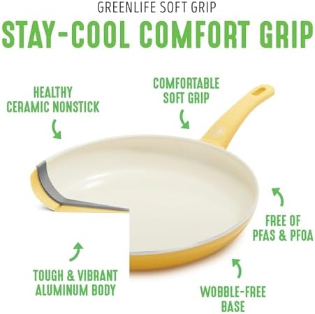 GreenLife Soft Grip Healthy Ceramic Nonstick 18 Piece Kitchen Cookware Pots and Frying Sauce Saute Pans Set, PFAS-Free with Kitchen Utensils and Lid, Dishwasher Safe, Yellow - Image 4