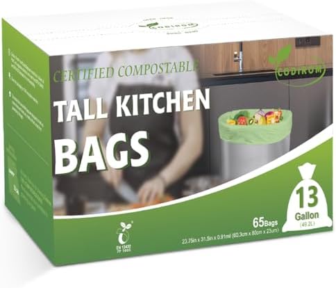 100% Compostable Trash Bags, 13 Gallon, 49.2 Liter, 0.91 Mils, 65 Count Kitchen Tall Food Scrap Compost Bags for Tall Kitchen Trash Cans with Europe EN13432 Certified - Image 2