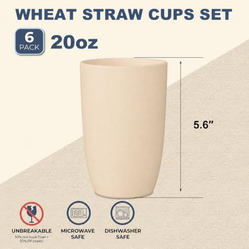 Wrova Wheat Straw Cups 6 PCS Good Alternative to Plastic Reusable Cups 20 oz Unbreakable Drinking Cup Reusable Dishwasher Safe Water Plastic Glasses Beige - Image 2