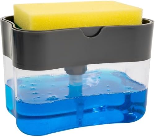 S&T INC. Dish Soap Dispenser and Sponge Holder for Kitchen Sink, Sponge Included, 13 Ounces, Grey by STINC