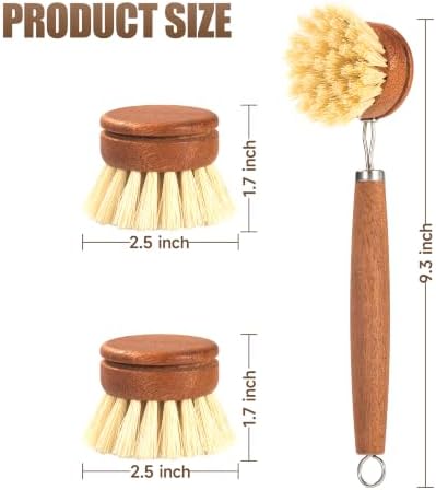 SAMEBUTECO Wood Dish Brush with Long Handle, Natural Sisal Kitchen Scrub Brushes for Fruit & Vegetable,Dishes, Pots and Pans, Includes 1 Scrubber and 2 Replacement Heads, Kraft Box, Brown - Image 2