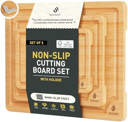 Bamboo Cutting Board Set Non Slip Feet with Holder Over Sink Kitchen Gadgets Charcuterie & Chopping Board Apartment Essentials New Home Must Haves Things Stuff Accessories House Housewarming Gifts by Socisen