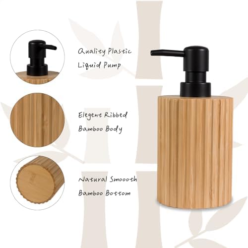 Ribbed Bamboo Soap Dispenser, Natural Finish Black Pump 7 oz - Image 2