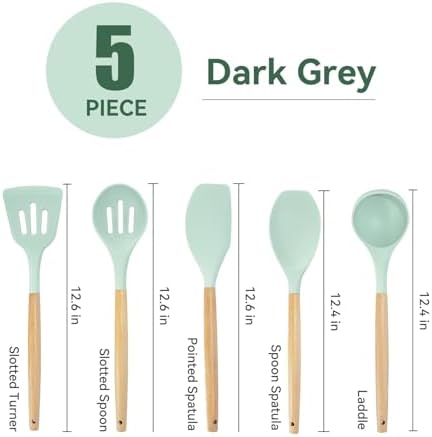 Kitchen Utensils Set, 5 Pcs Non-Stick Silicone Kitchen Cooking Utensils with Wooden Handle, Kitchen Spatula Cookware Utensils Set, Heat Resistant Silicone Kitchen Gadgets (Light Green) - Image 3