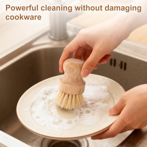 Bamboo Dish Brush Set, Natural Wooden Handle Dish Scrubber with 2PCS Mini Palm Brushes & Holders, Kitchen Brush with 1 Adhesive Hook for Pan Pots Dishes Vegetable - Image 4