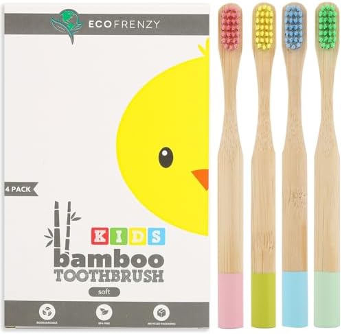 Kids Bamboo Toothbrush - Child Size Soft BPA Free Color Safe Bristles (4 Pack) by EcoFrenzy