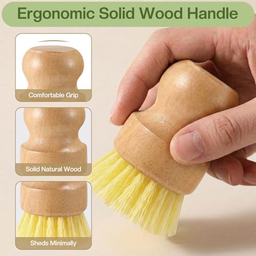 Wooden Dish Brush Handheld Bamboo Wok Brush Scrubber for Dishes Pans Pots Fruit and Veggie Washing(3,Beige Brown and Yellow) - Image 4