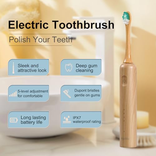Oscillating Ultrasonic Electric Toothbrush with Bamboo Brush Heads (5 Pack) - Image 2