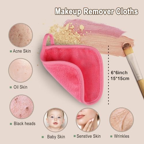 KODAMO Makeup Remover Cloth, 12 Pack Reusable Makeup Remover Towels with Washable Travel Bag, Microfiber Face Wash Cloths for Women All Skin Types, Coral/Pink/Green/Grey - Image 3