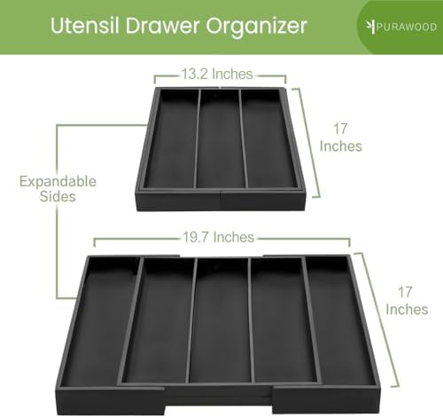 Purawood Kitchen Drawer Organizer - Expandable Utensil Organizer for Kitchen, Cutlery Tray & Silverware Organizer, 3-5 Slots - Bamboo Drawer Organizer for Utensils & Flatware (Black) - Image 2
