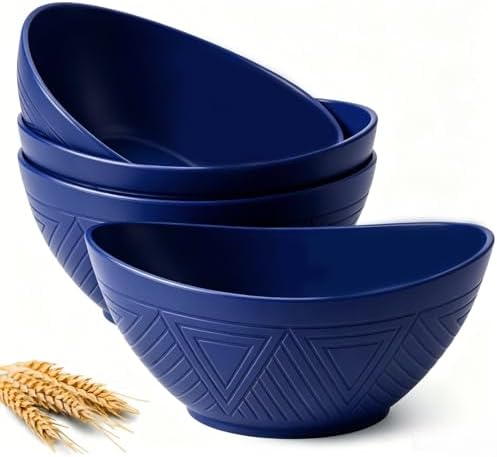 Homienly Wheat Straw Bowls, 9.6 inch Salad Bowls, Large Serving Dishes for Wedding Parties, Camping, 60 OZ Bowl Set for Salad, Popcorn, Oval Shape, Microwave & Dishwasher Safe, Set of 4, Dark Blue by HOMIENLY