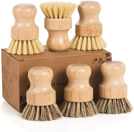 DEBETOOL 6 Pack Bamboo Dish Brush Set with Palm and Sisal Bristles by DEBETOOL