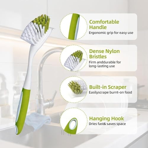 Dish Brush Scrub Brush with Handle - 3 Pack Stiff Bristles Dish Scrubber for Cleaning Dishes, Pots, Pans, Sink, Cast Iron - Hard Bristles,No Residue (Green) - Image 6
