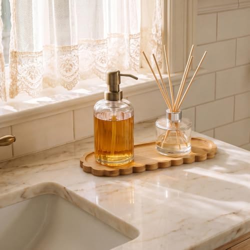 Scalloped Bamboo Soap Dispenser Tray Bathroom Rustic Decor Bamboo Countertop Tray Scalloped Soap Dish Jewelry Holder Vanity Bathtub Organizer for Bathroom Kitchen Home Decor (9'',Oval) - Image 6