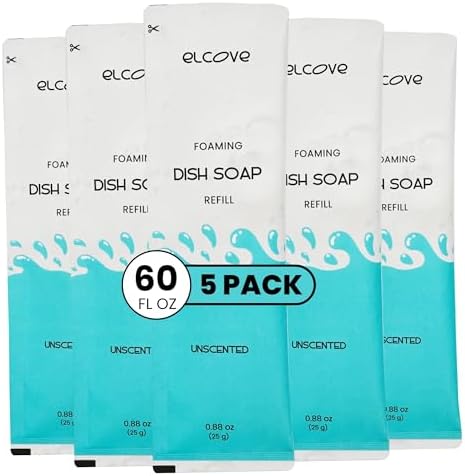 Foaming Dish Soap Refills (5pk), Concentrated Powder to Liquid Refills Make 5 Bottles x 12oz each of Non Toxic, Eco Friendly Unscented Dish Soap, Septic Safe by Elcove