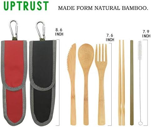 UPTRUST 2 Set Bamboo Cutlery Set Bamboo Travel Utensil Reusable Organic Bamboo Utensil Fork Knife Spoon Chopsticks Straw Cleaning Brush for Travel Picnic School Office（Black & Red） - Image 3