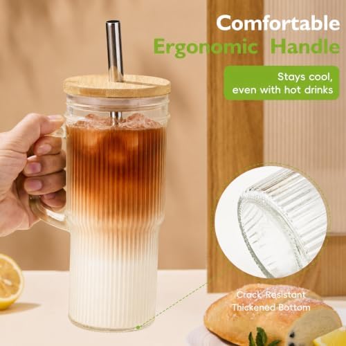 JunVpic Glass Tumbler, 24 oz Ice Coffee Cups with Bamboo Lid and Handle - Image 4