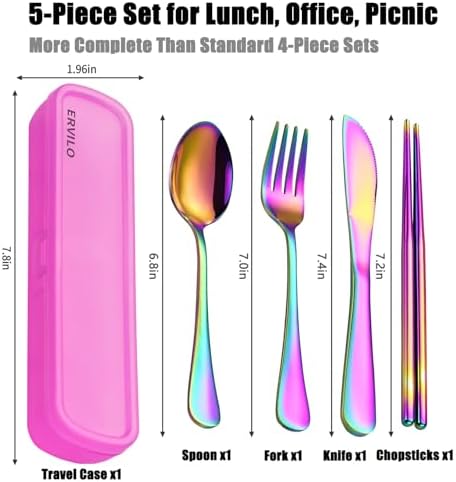 Travel Utensils with Case, Stainless Steel Portable Cutlery Set, Lunch Box Silverware for Work Camping Picnic, Reinforced Case with Snap-Lock Closure, Include Fork Spoon Knife Chopsticks, Rainbow - Image 2