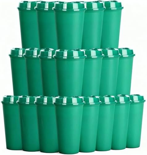20 Pack Reusable Coffee Cups with Lids 16 oz Plastic Tumblers Travel Mug Iced Coffee Cup for Adults and Women Hot and Cold Drinks, Microwaveable(Greens) by Alohastarttg