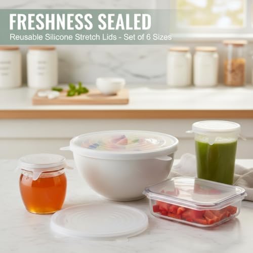 Silicone Stretch Lids, 6-Piece Reusable Bowl Covers (12, White) - Image 6