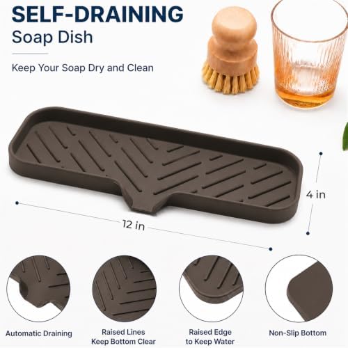 MicoYang Silicone Soap Dish with Drain Spout — Self-Draining Double Sink Organizer Tray for Kitchen & Bathroom, Dispensers, Sponges & Soap Holder, Non-Slip & Dishwasher Safe, Coffee (Large, 12"×4") - Image 2
