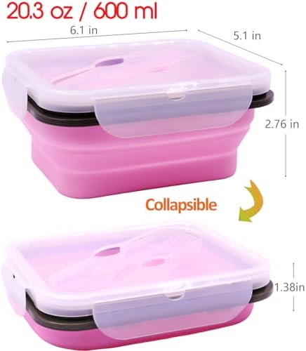 4 Pack Collapsible Silicone Bento Lunch Boxes With Lids Spoon Fork, 20.3oz, Meal Prep Food Storage Containers, Durable, Safe in Microwave, Dishwasher and Freezer, BPA Free - Image 6