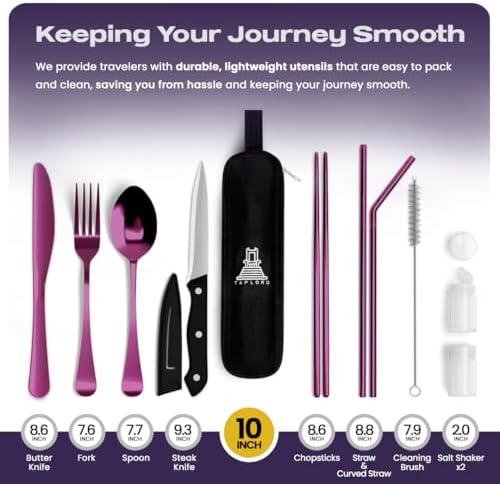 Taplord Portable Travel Silverware Set With Case, Includes 10 Pcs of Travel Utensils With Case, Stainless Steel Flatware Set For Camping, Lightweight (Purple) - Image 2