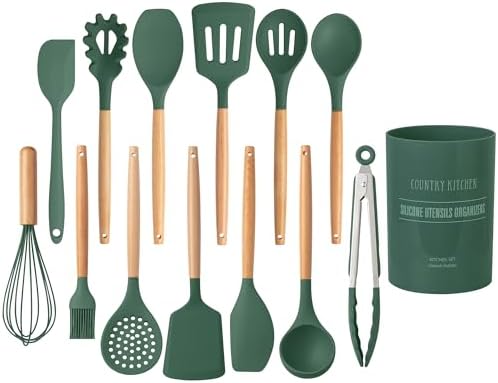 Country Kitchen Non Stick Silicone Utensil Set with Rounded Wood Handles for Cooking and Baking, 14 Piece Set, Green by CountryKitchen