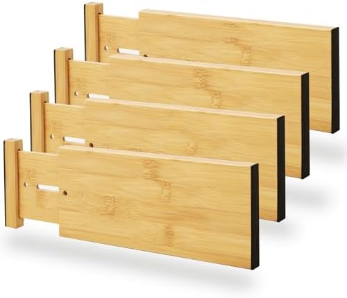 BAMEOS 4" High Bamboo Drawer Dividers - Adjustable Small Drawer Organizer - Kitchen, Dresser, Bathroom, Bedroom & Office - 4-pack by BAMEOS