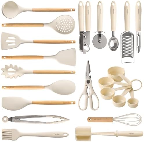 CAROTE 22-Piece Cooking Utensils Set with Wood Cool-Touch Handles, Cream by CAROTE