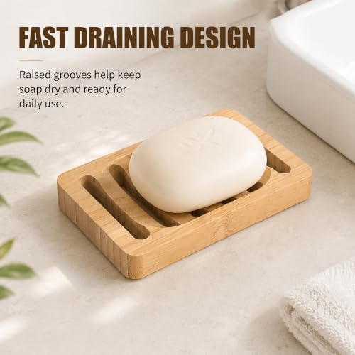 SAMEBUTECO Bamboo Soap Holder 2-Pack, 4.9 Inch Self Draining Bar Soap Saver with Pads - Image 3