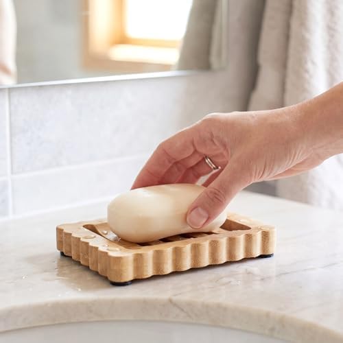 Jinei 2 Pcs Scalloped Wood Soap Dish Bulk 4.92 x 3.35 x 0.59 Inch Bamboo Bar Soap Holder with Self Draining Non-Slip Point Design Sponge Saver for Shower Bathroom Kitchen - Image 5