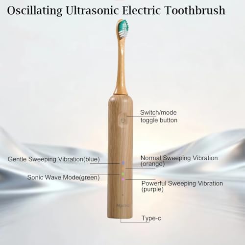 Oscillating Ultrasonic Electric Toothbrush with Bamboo Brush Heads (5 Pack) - Image 6