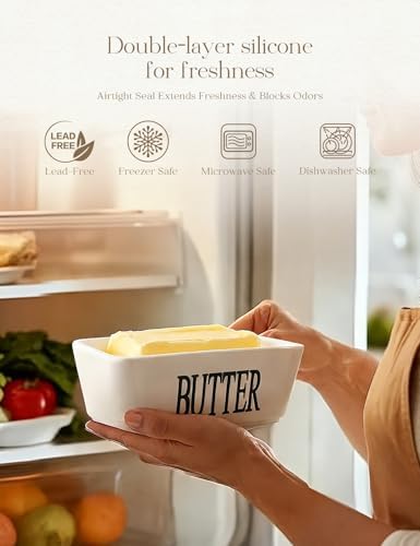 Ceramic Butter Dish with Lid and Knife & Silicone Seal for Countertop White - Image 3